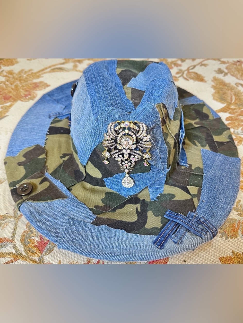 Upcycled Camouflage & Denim Patch Fedora Hat with Decorative Brooch